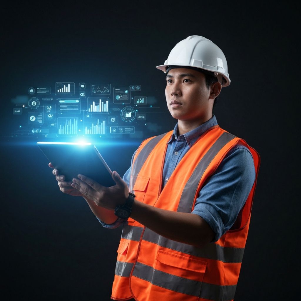 Professionnel BTP utilisant une tablette avec interface digitale